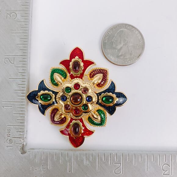 VTG Signed Joan Rivers Byzantine Fleur De Lis Colorful Enamel Brooch Collectible - Picture 10 of 10